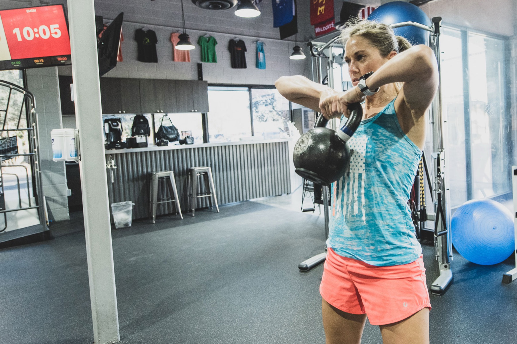 A member training with a kettlebell